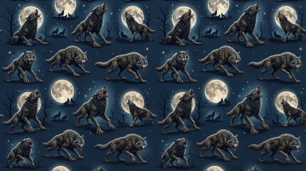 Obraz premium raven and full moon pattern on dark fabric for Halloween textiles, gothic wallpaper, costumes and mysterious seasonal designs.