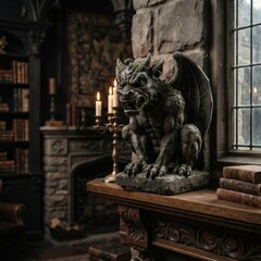 Fototapeta premium Stone gargoyle statue in a dark candlelit library for gothic Halloween interiors, haunted house decor and fantasy storytelling.