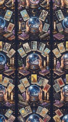 Obraz premium Colorful witchcraft and tarot Halloween fabric pattern for costumes, magical crafts, gift wrap and mystical textile design.