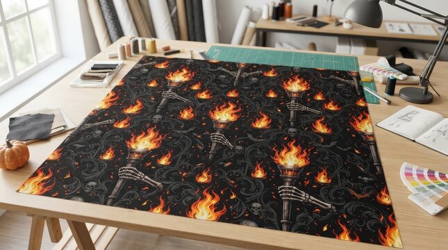 Halloween fabric with flaming torch pattern on a sewing table for costumes, themed crafts and dramatic textile products.