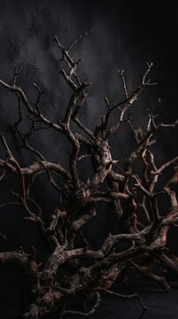 Twisted leafless tree sculpture on a dark table for gothic Halloween decor, haunted interiors and dramatic seasonal displays.