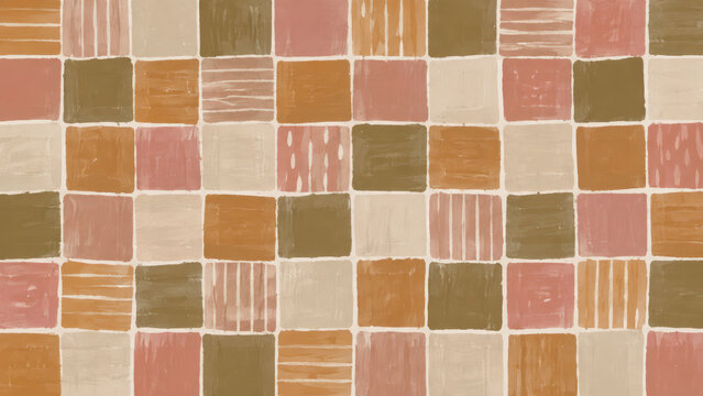 Hand Painted Earth Tone Square Grid Pattern