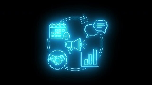 Circular neon blue business strategy diagram featuring event calendar chat bubble handshake deal and growth chart
