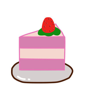 cute kawaii strawberry pink cake slice on plate with transparant background.
