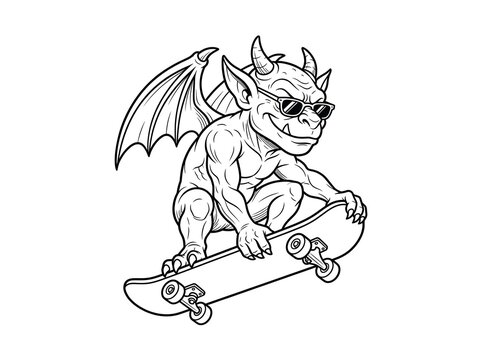 Cool gargoyle vector skateboarding character line art