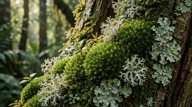 Detailed Moss and Lichen Growing on a Forest Tree Trunk