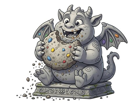 Cute Cartoon Gargoyle Vector Character Eating Gem Stone Cookie