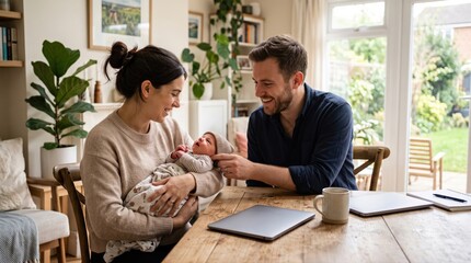 Obraz premium Smiling parents lovingly hold their newborn baby at home near a wooden table. This tender moment captures the essence of modern family life and new parenthood.