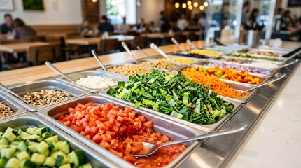 Obraz premium Salad bar with diced red tomatoes, crisp green cucumbers and chopped leafy greens arranged in stainless steel trays with crisp detail.