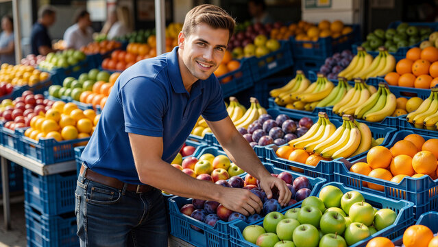 Man arranging fresh fruit in crates at local market, grocery retail business and healthy eating