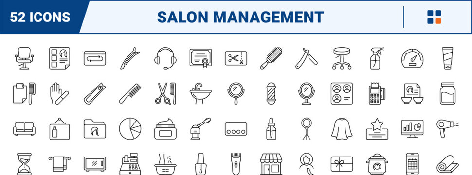 Salon business management line icon set. Vector pictograms of hair, beauty, parlor, and hairdresser elements, thin linear illustration.