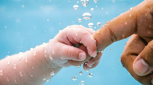 A baby's tiny hand grasps an adult's finger in clear water, bubbles rising around them. Podcast cover for themes of early connection and parental bonding.
