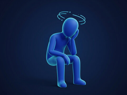 3D blue character suffering from dizziness and headache