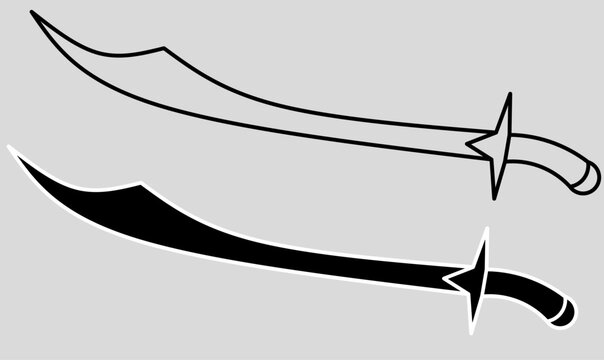 Arab sword or saif or shamshir. Outline and silhouette isolated grey background