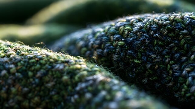 Close up of textured green and black woven fabric with natural fibers catching sunlight in shallow depth of field