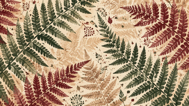 Watercolor fern leaves botanical pattern on a textured background