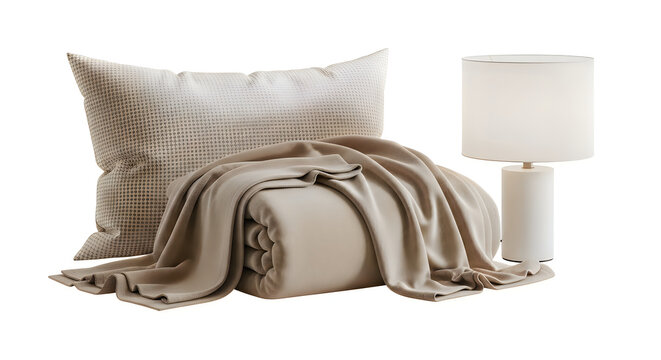 Grey bed pillow with soft blanket and modern bedside lamp for bedroom home decor