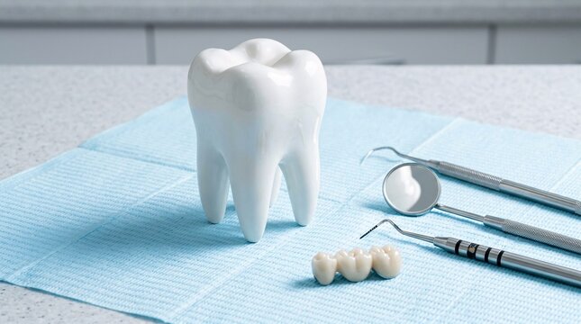 Oversized ceramic tooth model on a light blue napkin with dental picks, mirrors and a bridge on a grey textured background in sharp focus.
