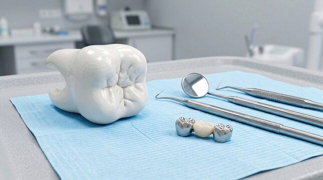 Oversized ceramic tooth model on a light blue napkin with dental picks, mirrors and a bridge on a grey textured background in sharp focus.