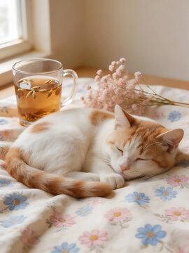 Sleeping orange-white cat with floral blanket and herbal tea