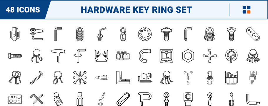 Allen key ring line icon set. Vector pictograms of hex, wrench, l-key, and driver elements, thin linear illustration.