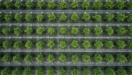 Fototapeta premium Aerial view of rows of green trees in a nursery plantation