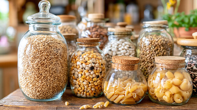 Glass jars filled with various grains and dried goods on wooden shelf