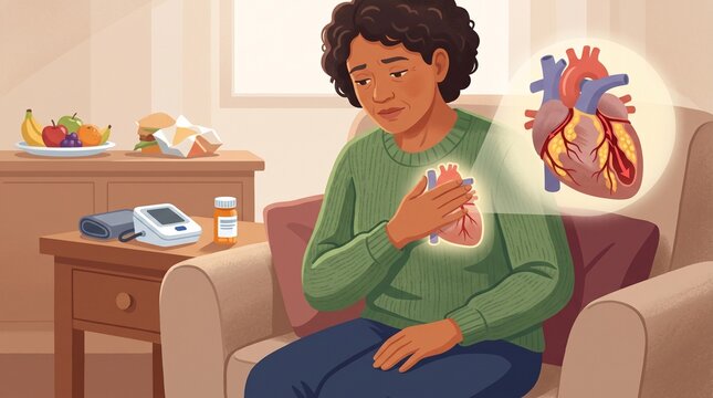 Man holding illuminated heart model in cozy indoor setting with health monitoring devices with surrounded medical tools depicts thoughtful adult