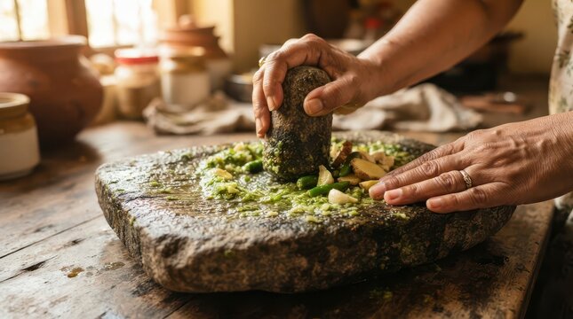 Grinding Fresh Spices on Traditional Stone Mortar in Rustic Kitchen
