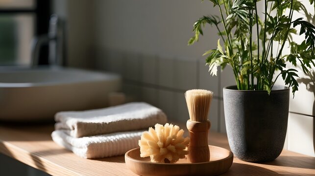 A serene bathroom corner with a potted plant  wooden brush  and folded towels bathed in natural sunlight