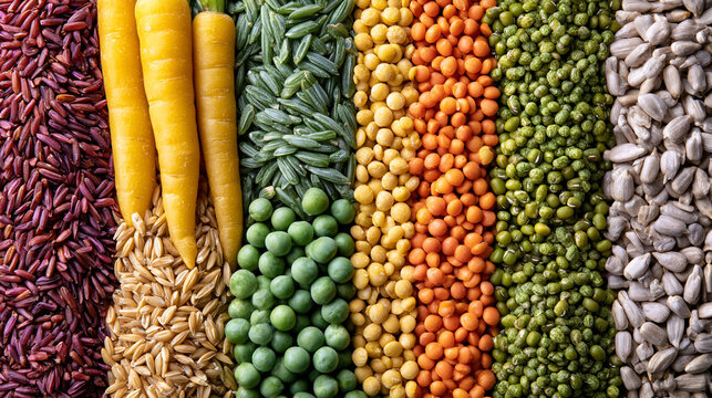 Colorful arrangement of raw grains legumes seeds fresh carrots with colorful food