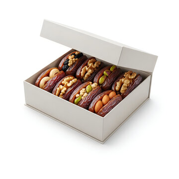 A white gift box filled with delicious dates stuffed with assorted nuts and fruits