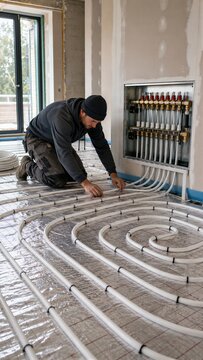 Man installer laying pipe for hydronic underfloor heating system connected to manifold. Work on warm floor construction and house renovation. Energy efficient heating technology concept.