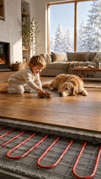 Small child playing with toy truck on warm wooden floor with golden retriever dog lying nearby and exposed underfloor heating pipes. Cozy winter home comfort, energy efficient radiant heating system