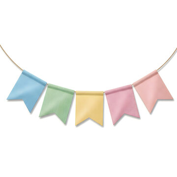 Colorful pastel bunting flags hanging on a string for festive party decoration
