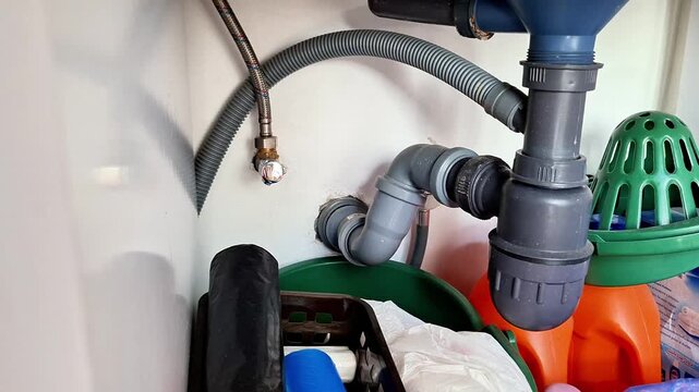 Close view of under sink plumbing with white PVC drain pipes and plastic P trap system. Household drainage connection, water trap detail, and bathroom or kitchen plumbing setup
