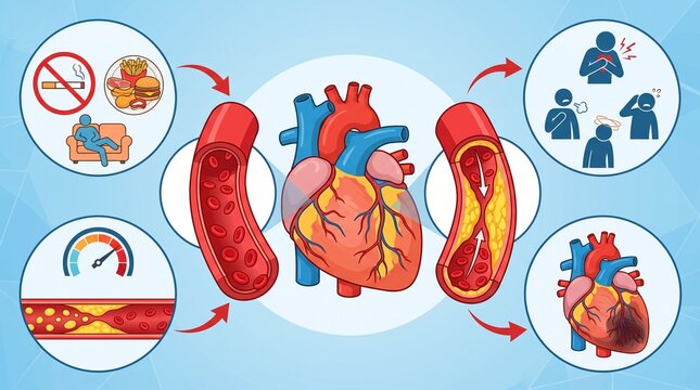 Illustrated guide to heart disease causes and effects on cardiovascular health with resulting heart conditions through clear anatomical symbolic illustrations