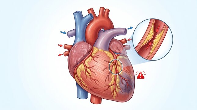 Medical illustration showing arterial blockage in human heart with plaque buildup detail with inset showing close up narrowed artery walls