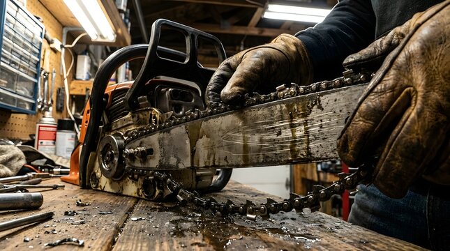 Close up of gloved hands repairing a greasy chainsaw chain on a wooden workbench in a bright workshop setting.