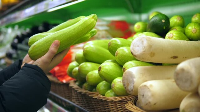 Close up of a female shopper's hands picking fresh green zucchini from a basket display at a supermarket, carefully selecting organic produce for a healthy diet and home cooking