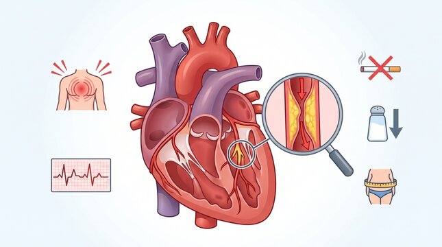 Illustrated guide to heart health risks with depicts detailed heart anatomy illustration highlighting artery blockages lifestyle factors affecting cardiovascular wellness