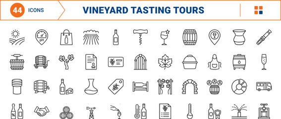 Fototapeta premium Vineyard Wine Tour line icon set. Vector pictograms of winery, viticulture, tasting, and cellar elements, thin linear illustration.