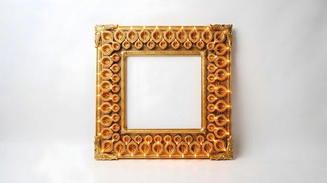 A golden rectangular frame decorated with numerous glowing traditional indian oil lamps, isolated on white background