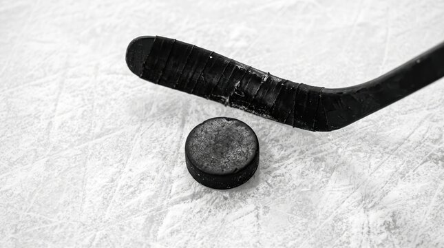 Black hockey puck and taped stick blade resting on scratched ice surface, ice hockey equipment