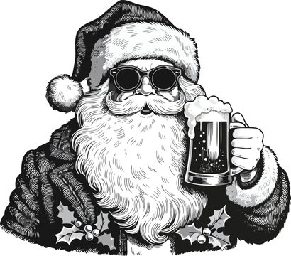 Vintage Santa Claus Holding Beer Mug Engraving Vector &ndash; Classic Christmas Father Christmas Portrait with Glowing Candle, Hand Drawn Black and White Woodcut Line Art for Holiday Card. Hand Drawn Retro 