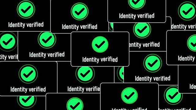 Identity verified concept with multiple green check mar icons, secure authentication badges, digital verification, cyber securit, trust, approval, and online identity confirmation on black background.