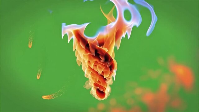 Cinematic fire tornado on green screen background, swirling flame vortex with smoke, Realistic burning fire effect for video compositing