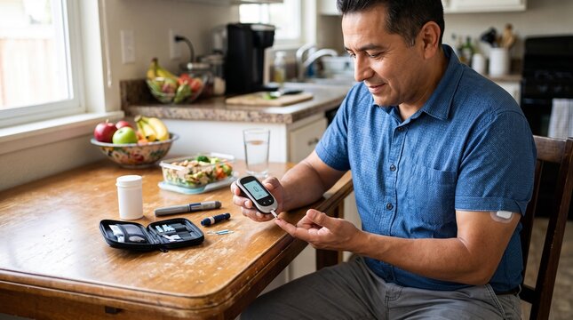Man checking blood glucose levels at kitchen counter with healthy meal with diabetes management tools well lit home setting counter surrounded fresh