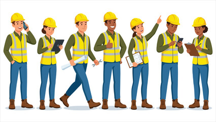 Obraz premium Industrial Site Engineers and Safety Inspectors Collection Diverse Civil Architects Technical Managers and Construction Crew Flat Graphic