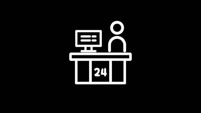Customer service desk icon with support agent, 24 hour assistance, information counter, help center, reception, business service and customer care concept. 4k animation .